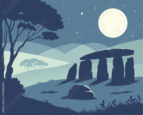 Stonehenge at Night Vector Illustration: Full Moon, Silhouetted Landscape, Ancient Monument, Fantasy Scene, Flat Design Art