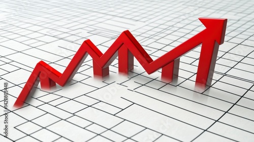 3D red arrow graph showing upward trend on grid background.