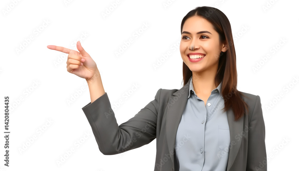 An attractive businesswoman in a gray suit is pointing to her right, smiling and looking there. An attractive businesswoman in a gray suit is pointing to her right, smiling and looking there.