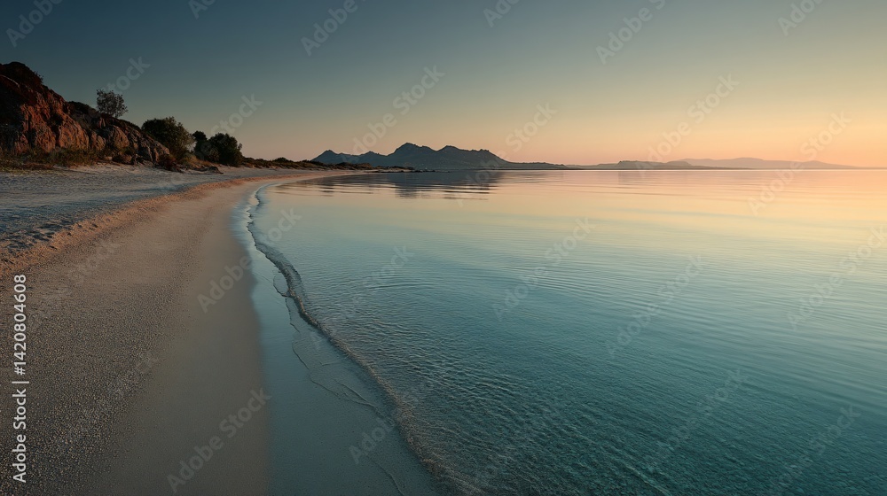 Obraz premium Tranquil Sunrise Over Serene Beach Landscape Coastal Region Nature Photography Calm Environment Wide-Angle View Relaxation Concept
