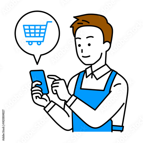 スマートフォンでネットショッピングをするエプロン姿の男性