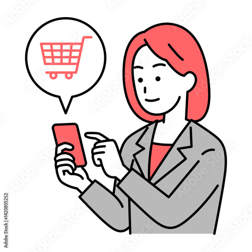 スマートフォンでネットショッピングをするスーツの女性
