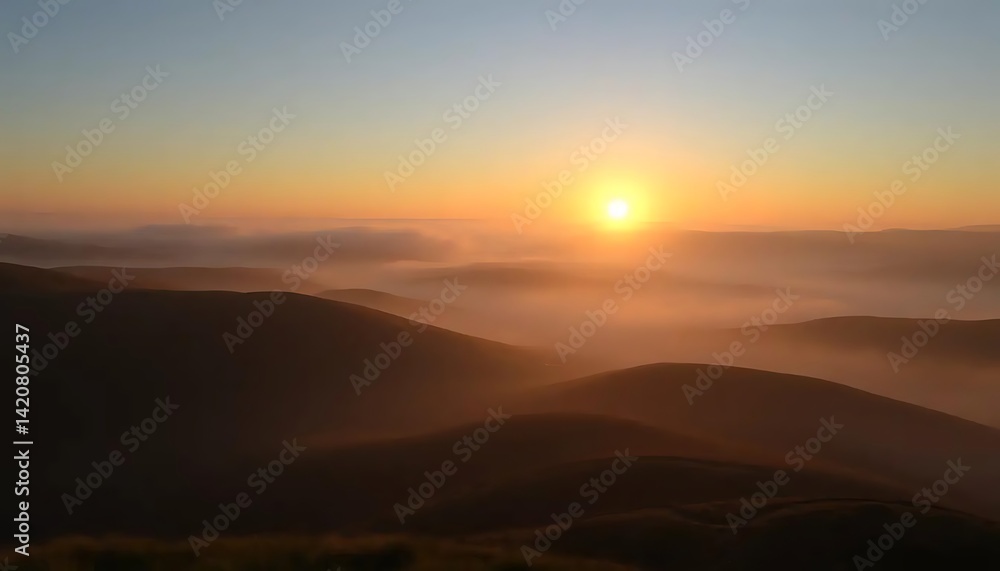 Golden Sunrise Over Fog-Laden Rolling Hills: A Tranquil Landscape View Golden Sunrise Over Fog-Laden Rolling Hills: A Tranquil Landscape View