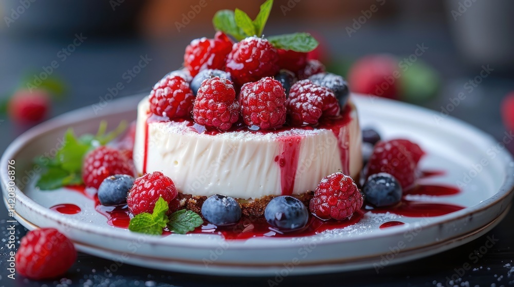 Delicious raspberry cheesecake dessert, topped with fresh berries and mint leaves, drizzled with syrup, on a plate. Delicious raspberry cheesecake dessert, topped with fresh berries and mint leaves, drizzled with syrup, on a plate.
