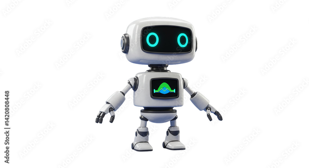 A white robot with glowing blue eyes and a screen on its chest standing on a black background A white robot with glowing blue eyes and a screen on its chest standing on a black background
