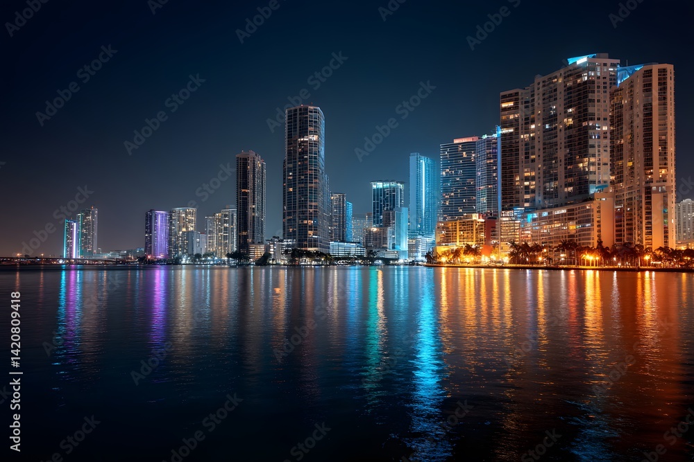 Naklejka premium Scenic Night View of City Skyline Reflected in Water Illuminated by Colorful Lights
