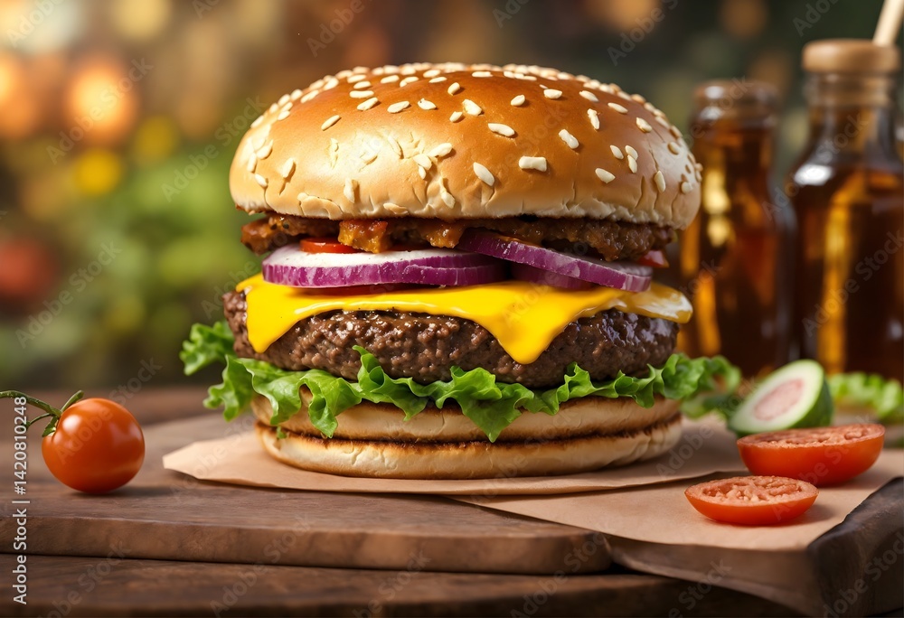 image of yummy burger with grilled meat topped with vegetables tomatoes ketchup sliced onions cheese fresh lettuce and soft buns placed on board image of yummy burger with grilled meat topped with vegetables tomatoes ketchup sliced onions cheese fresh lettuce and soft buns placed on board