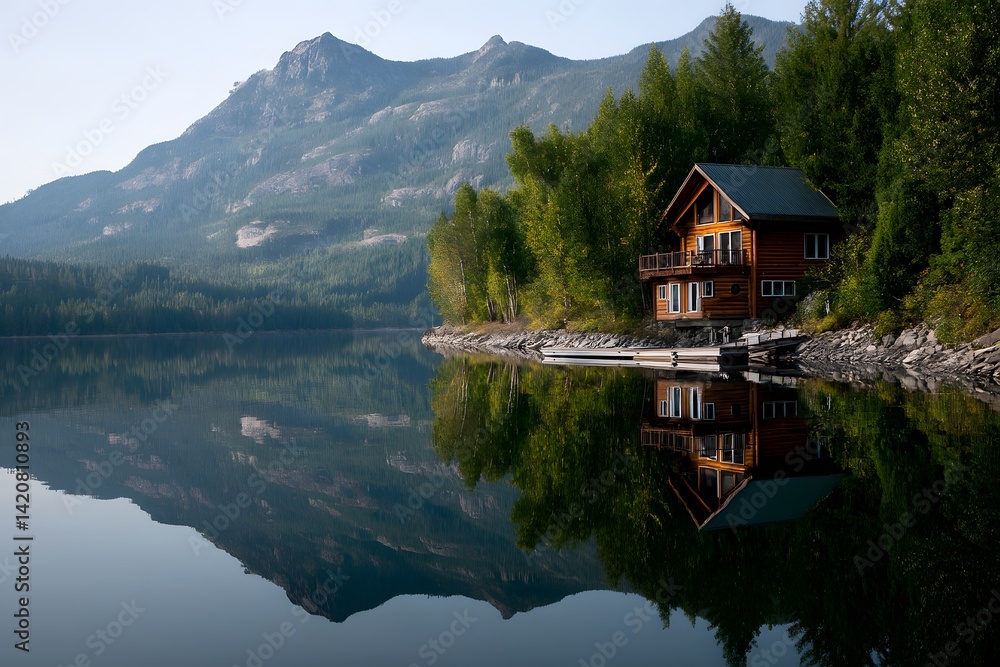 Fototapeta premium Serene Lakeside Cabin Surrounded by Majestic Mountains and Peaceful Waters in Tranquil Nature Setting