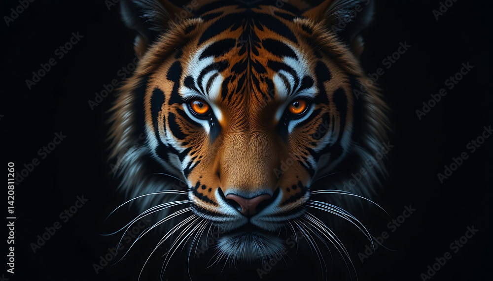 Fototapeta premium Tiger Close-Up: Intense Gaze, Dark Background