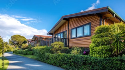 Wallpaper Mural Charming wooden houses lined along a scenic pathway, surrounded by lush greenery and blue skies Torontodigital.ca
