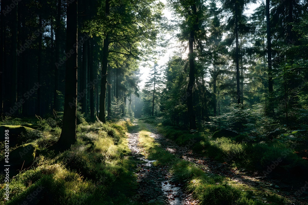 Fototapeta premium Serene Pathway Through a Lush Forest with Sunlight Filtering Through Trees in Tranquil Nature Setting