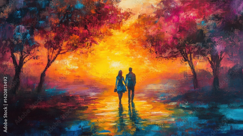 Fototapeta premium Romantic Sunset Walk Between Couple Surrounded by Colorful Trees and Reflections in a Peaceful Landscape