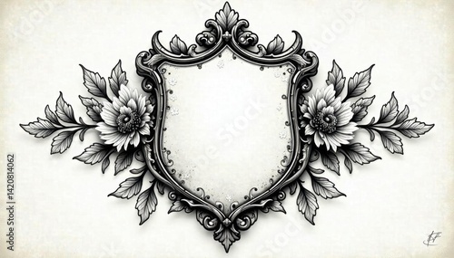 Ornate heraldic shield with floral motifs Retro black & white vector design, perfect for tattoos , black, decorative, flower