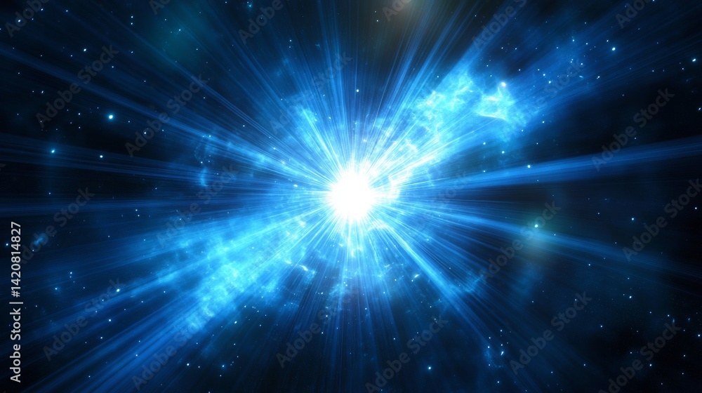 Naklejka premium Brilliant azure light burst with symmetric ray pattern, intense white core, luminous starburst effect, deep space backdrop, atmospheric light dispersion, high-contrast photographic style, abstract