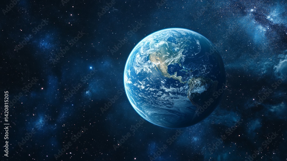 Fototapeta premium Celestial portrait of Earth suspended in space, radiant blue atmospheric ring, precise geographic details of continents and coastlines, cloud systems over oceans, cosmic darkness with distant stars,