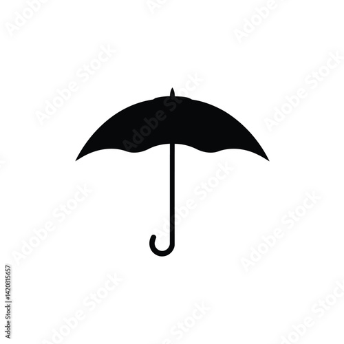 A clean and symmetrical logo a black silhouette umbrella with a curved handle is centrally positioned against a white background. The style is simple, flat vector graphics with geometric shapes