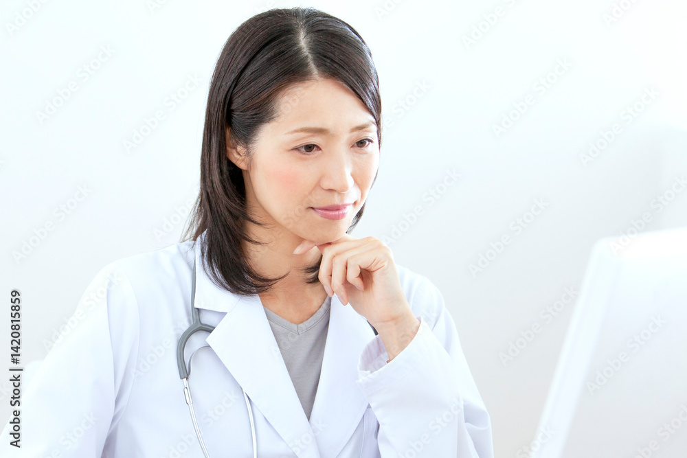 デスクに座る白衣の女性医師