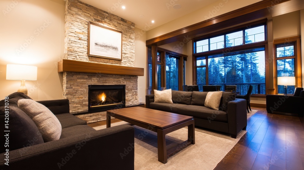 Fototapeta premium Cozy modern living room with stone fireplace, large windows, and evening forest view