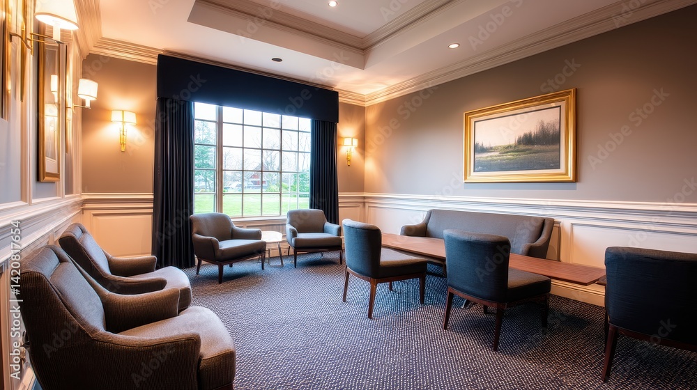 Fototapeta premium Modern lounge area with comfortable seating, large window, and serene outdoor view