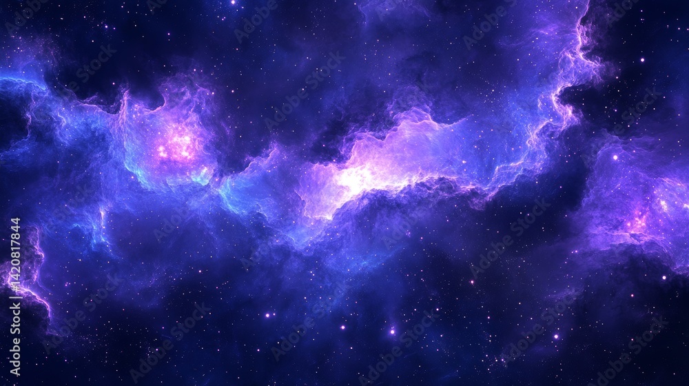 Horizontal cosmic banner with swirling purple-blue nebula clouds, scattered luminous stardust particles, brilliantly glowing stars, deep space atmosphere, realistic astronomical details, flowing Horizontal cosmic banner with swirling purple-blue nebula clouds, scattered luminous stardust particles, brilliantly glowing stars, deep space atmosphere, realistic astronomical details, flowing