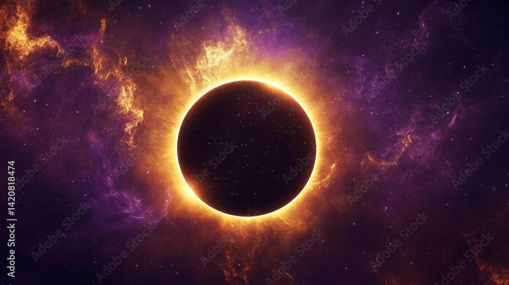 Fototapeta premium Majestic eclipse silhouette against cosmic void, brilliant golden light ring, deep purple nebula background, subtle starlight accents, refined astronomical illustration, premium digital art