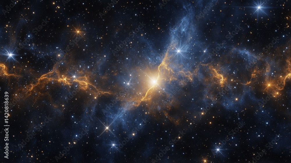 Fototapeta premium Majestic solar corona radiating against the backdrop of deep space, wisps of stellar nebulae scattered across the horizon, countless stars twinkling in various sizes and intensities, massive solar
