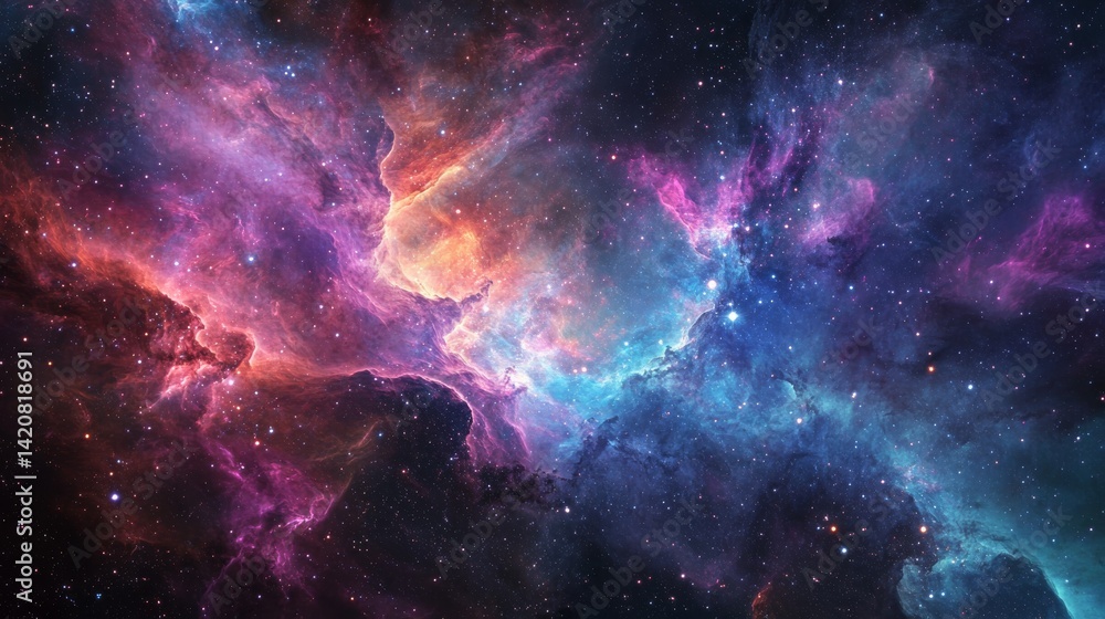 Fototapeta premium Majestic space panorama featuring iridescent nebula formations, sparkling star clusters, cosmic dust streams, vibrant galaxy colors blending magenta and cyan, ethereal cosmic mist, stellar phenomena,