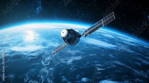Modern satellite silhouetted in space, luminous data transmission beam, curved Earth horizon with blue atmospheric rim, precise technical details, celestial perspective, aerospace engineering