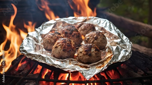 Meatball and pita bread wrapped in aluminum foil, cooking on grill.generative.ai