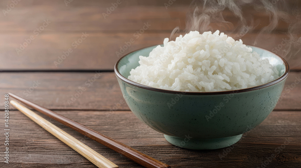Steaming Bowl of White Rice with Chopsticks on a Rustic Wooden Table Surface Steaming Bowl of White Rice with Chopsticks on a Rustic Wooden Table Surface