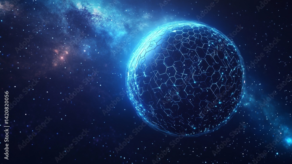 Low-poly stylized planet construction with hexagonal surface segments, pulsing energy grid patterns flowing across topology, orbital ring system made of floating holographic UI elements, particle Low-poly stylized planet construction with hexagonal surface segments, pulsing energy grid patterns flowing across topology, orbital ring system made of floating holographic UI elements, particle