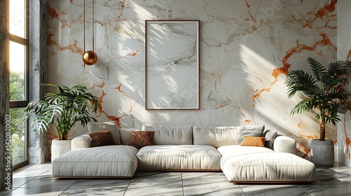 Fototapeta Naklejka Na Ścianę i Meble -  Mockup poster frame on the wall of living room. Luxurious apartment background with contemporary design. Modern interior design. 3D render, HD 8K wallpaper Photographic Image