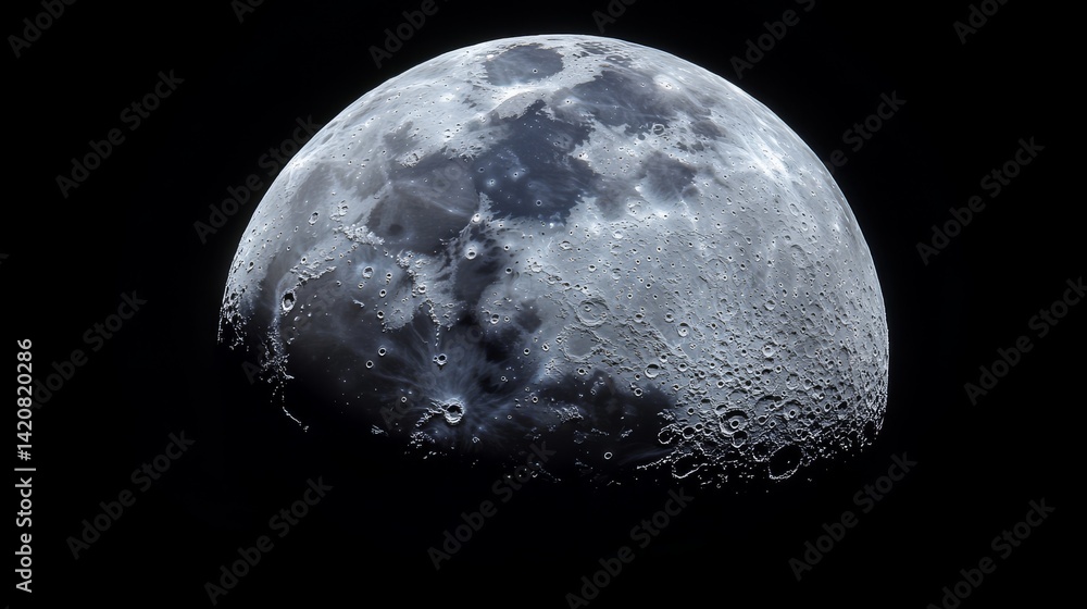 waning gibbous moon phase, intricate crater shadows, lunar highlands texture, deep space backdrop, high resolution telescope capture, orbital perspective, astronomical photography, stark contrast waning gibbous moon phase, intricate crater shadows, lunar highlands texture, deep space backdrop, high resolution telescope capture, orbital perspective, astronomical photography, stark contrast