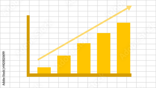 Yellow bar chart with upward arrow on grid background. Business growth, finance data, or increasing tariff concept in flat vector style. Ideal for reports or presentations