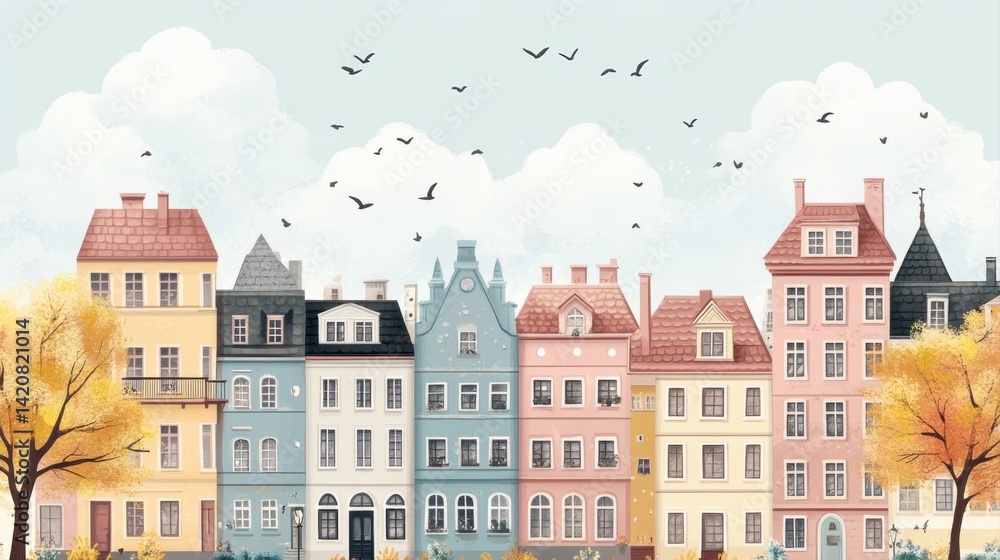 Fototapeta premium Colorful European Townhouses with Autumn Trees and Birds Flying in a Blue Sky, Ideal for Travel and Design Projects