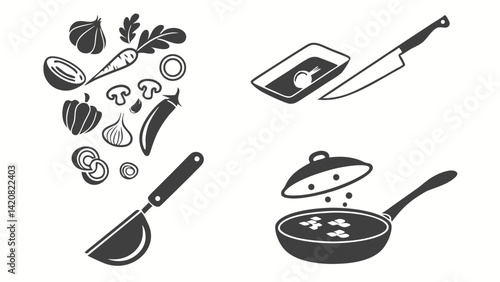 A graphic illustration of a cooking process, depicting various vegetables (onions, carrots, peppers, mushrooms) being added to a pan.