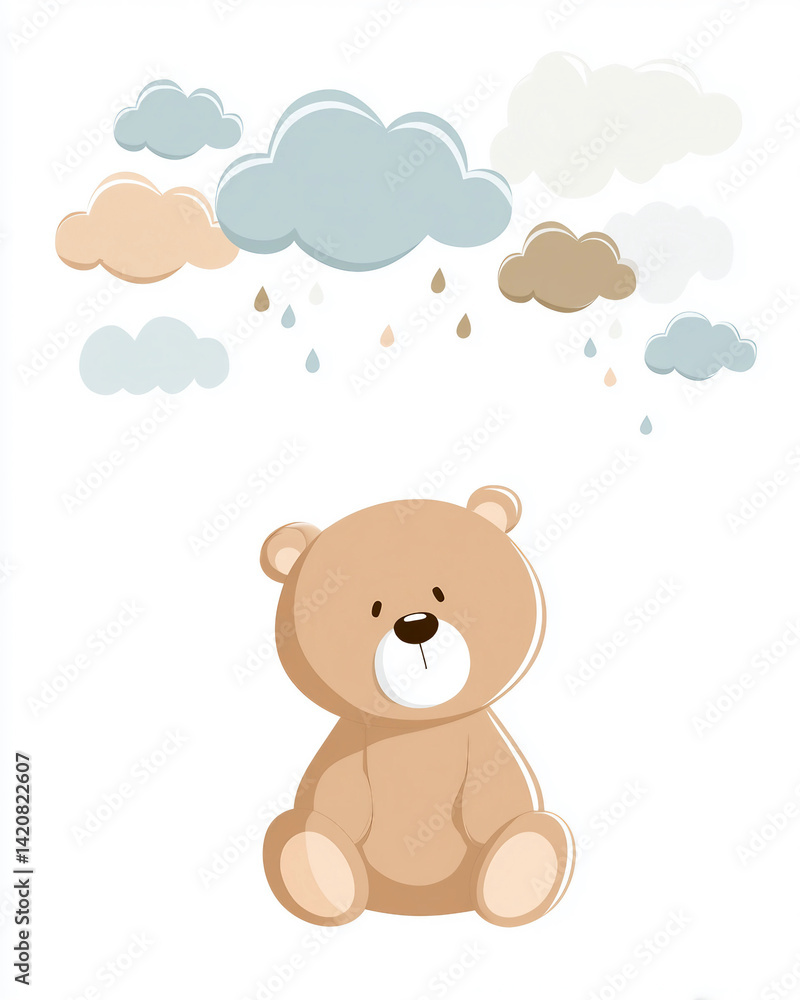 A teddy bear is sitting on a white background with a cloudy sky above it A teddy bear is sitting on a white background with a cloudy sky above it