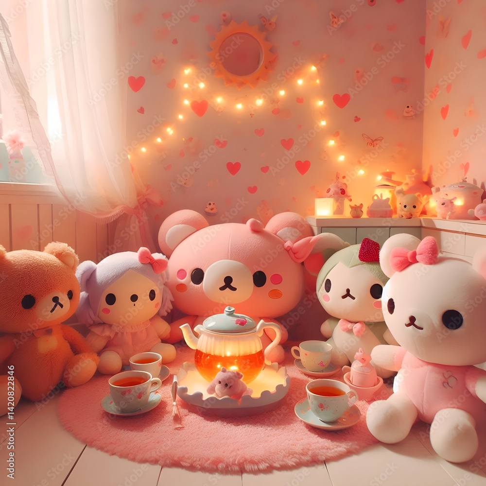 Adorable plush toy characters gathered for a tea party in a cozy pastel room with sparkles, hearts, and soft lighting in a toycore aesthetic Adorable plush toy characters gathered for a tea party in a cozy pastel room with sparkles, hearts, and soft lighting in a toycore aesthetic