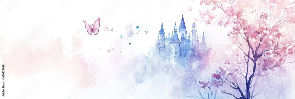 Fototapeta premium Watercolor Castle and Trees with Butterflies