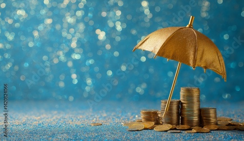 Wallpaper Mural Golden Umbrella Protects Stacks of Coins: Securing Financial Future with Smart Investments and Savings Plans for Prosperity Torontodigital.ca