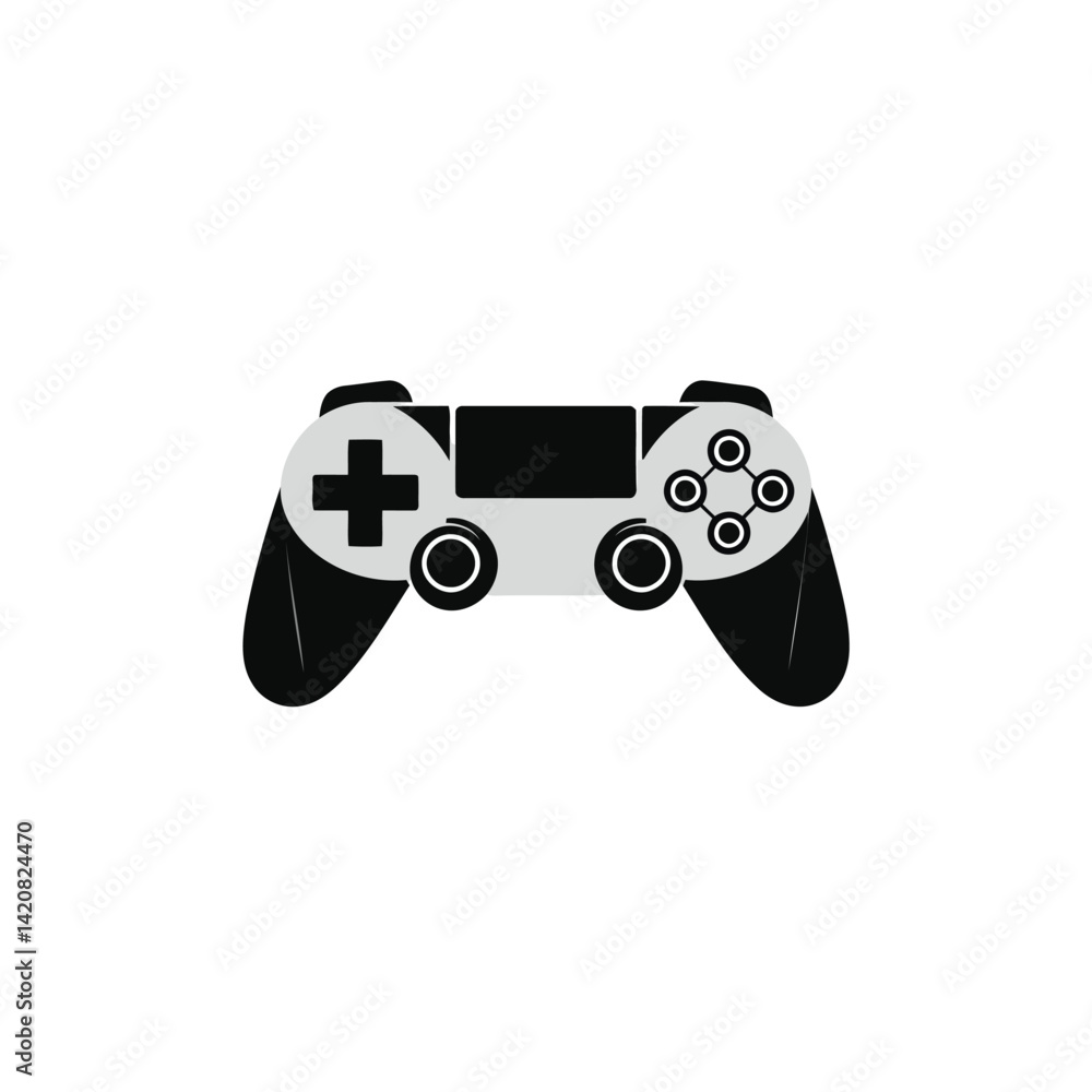 Geometric gaming controller logo a black silhouette, featuring distinct buttons, symmetrically arranged on a white background. Geometric gaming controller logo a black silhouette, featuring distinct buttons, symmetrically arranged on a white background.