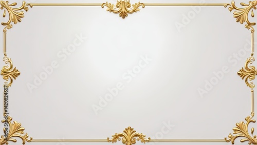 AI Generative. Elegant white background with luxurious gold ornamental frame borders. Simple gold flourishes in all four corners and along the top and bottom, with a vintage style. 43