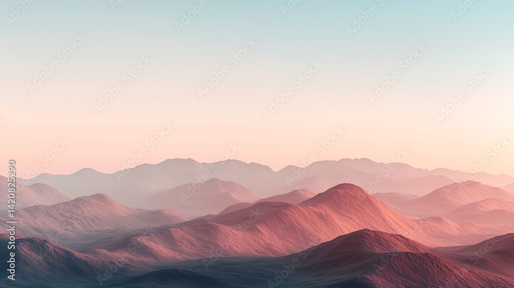 Naklejka premium Soft pastel hues blend over rolling mountains, creating a serene and tranquil landscape at dusk or dawn.