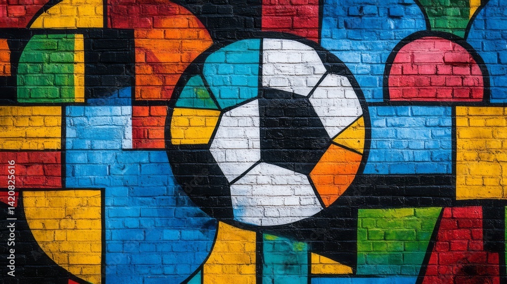 Obraz premium Colorful mural of a soccer ball painted on a brick wall