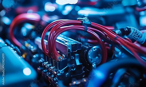 Close-up of vehicle electronic wiring and control systems, highlighting complex circuitry and connections,


