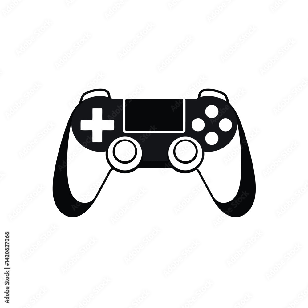 Logo design featuring a black silhouette gaming controller icon, centered on a white background. The design is based on geometric shapes, clean lines, symmetry, and visual clarity Logo design featuring a black silhouette gaming controller icon, centered on a white background. The design is based on geometric shapes, clean lines, symmetry, and visual clarity