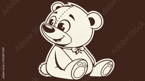 A cheerful teddy bear illustration in silhouette flat design logo sitting and smiling ,cartoon style icon vector isolated on a dark  brown background for kids