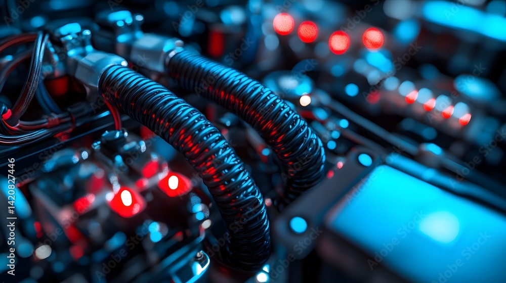 Fototapeta premium Automotive electronic wiring and control system close-up—ideal for showcasing advanced vehicle technology, engineering precision, and smart mobility solutions 