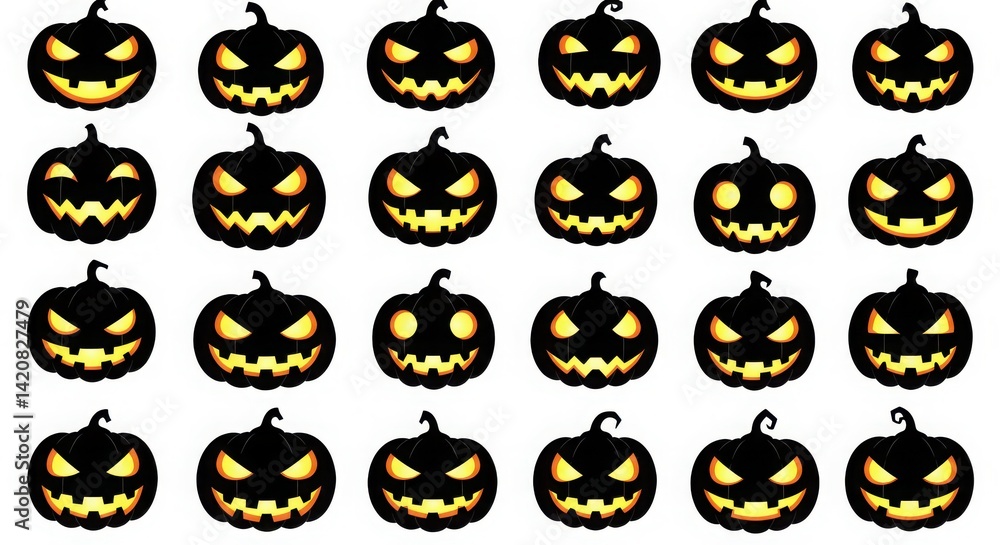 Obraz premium Many halloween pumpkins with faces on white background