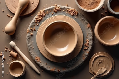 Top-down composition of a pottery workspace, clay tools, a ceramic bowl in progress, and a pottery wheel on a rustic table, earthy tone